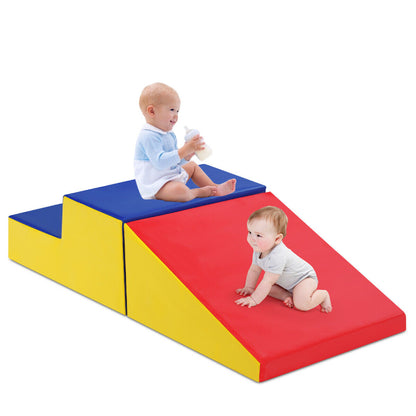 Toddler Climb and Crawl Foam Play Set-Blue & Red with two babies sitting and crawling on the blocks