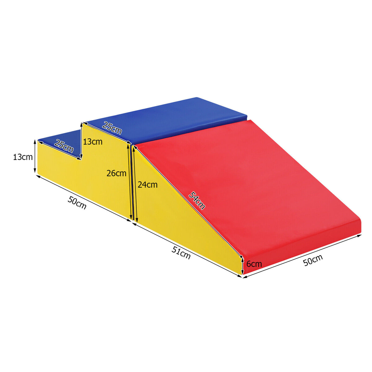 The soft play set showing all dimensions with arrows indicating height and length