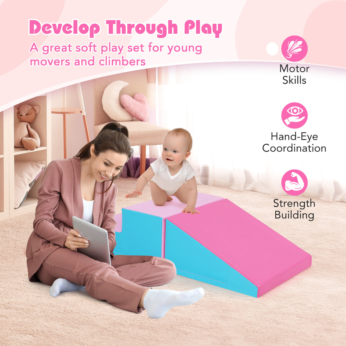 The soft play set in a room with a mother and baby showing developmental benefits of the equipment