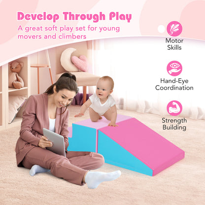 The soft play set in a room with a mother and baby showing developmental benefits of the equipment
