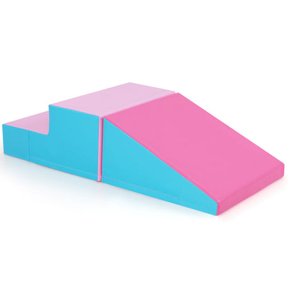 The soft play set showing the pink ramp and blue steps from a high angle on a white background