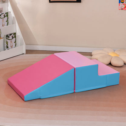The soft play set placed on a rug in a child's bedroom next to a white bookshelf and flower cushion
