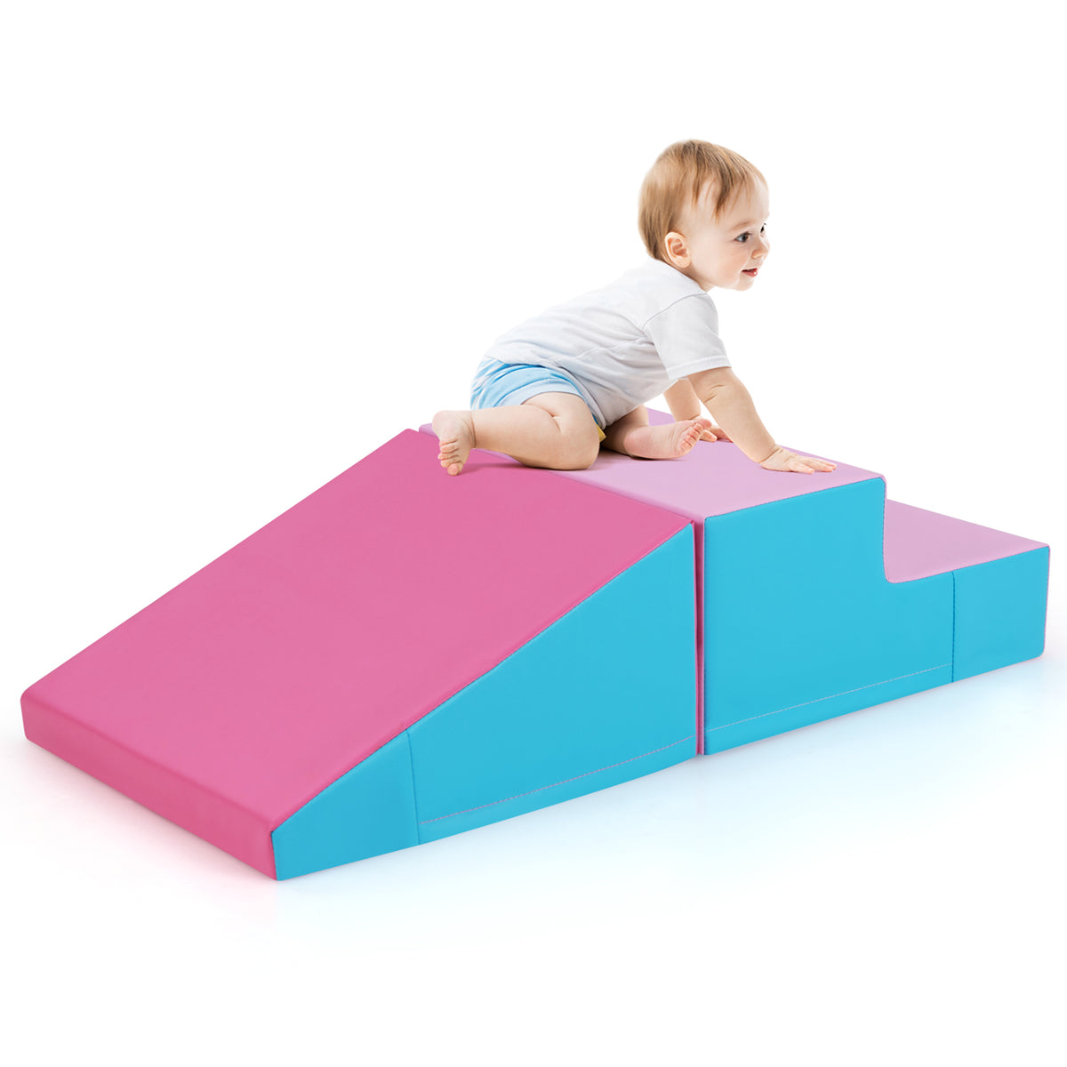Toddler Climb and Crawl Foam Play Set-Pink & Blue with a baby climbing on the pink and blue ramp
