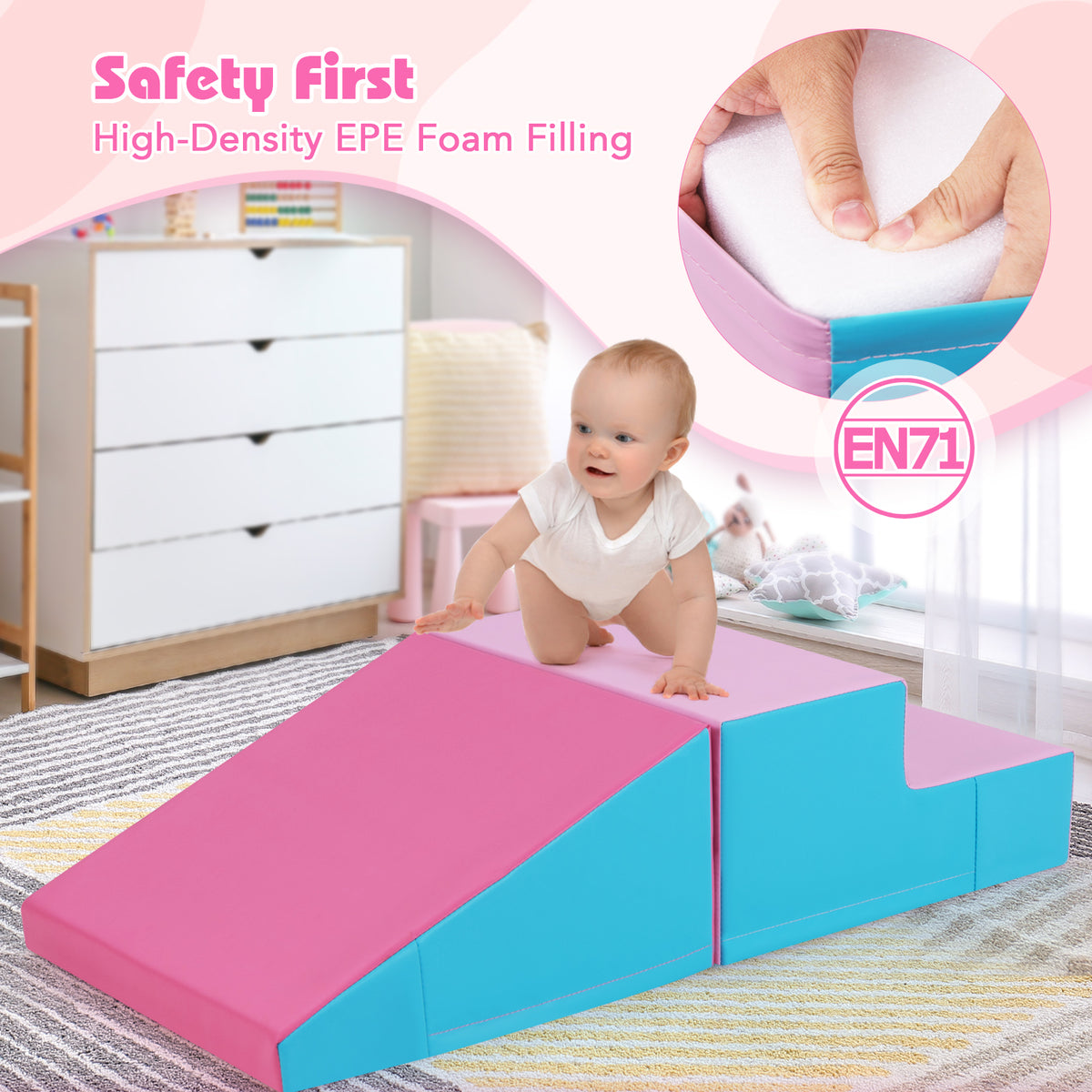 The soft play set with an inset showing hands pressing into the foam material for safety information