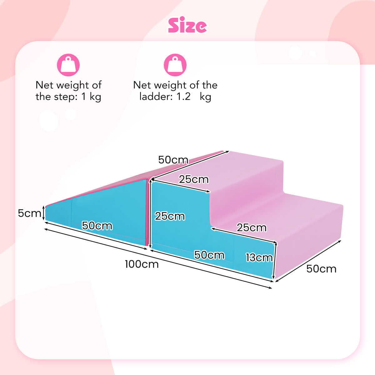 The soft play set with a diagram showing the dimensions and weights of the individual foam pieces