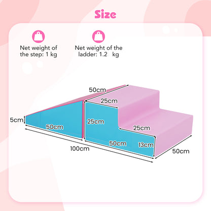 The soft play set with a diagram showing the dimensions and weights of the individual foam pieces