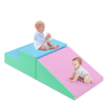 Toddler Climb and Crawl Foam Play Set-Pink & Green with two babies playing on it