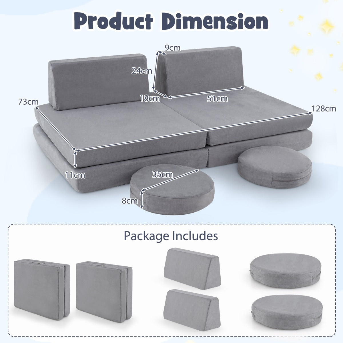 The toddler furniture set with dimensions and included parts labelled