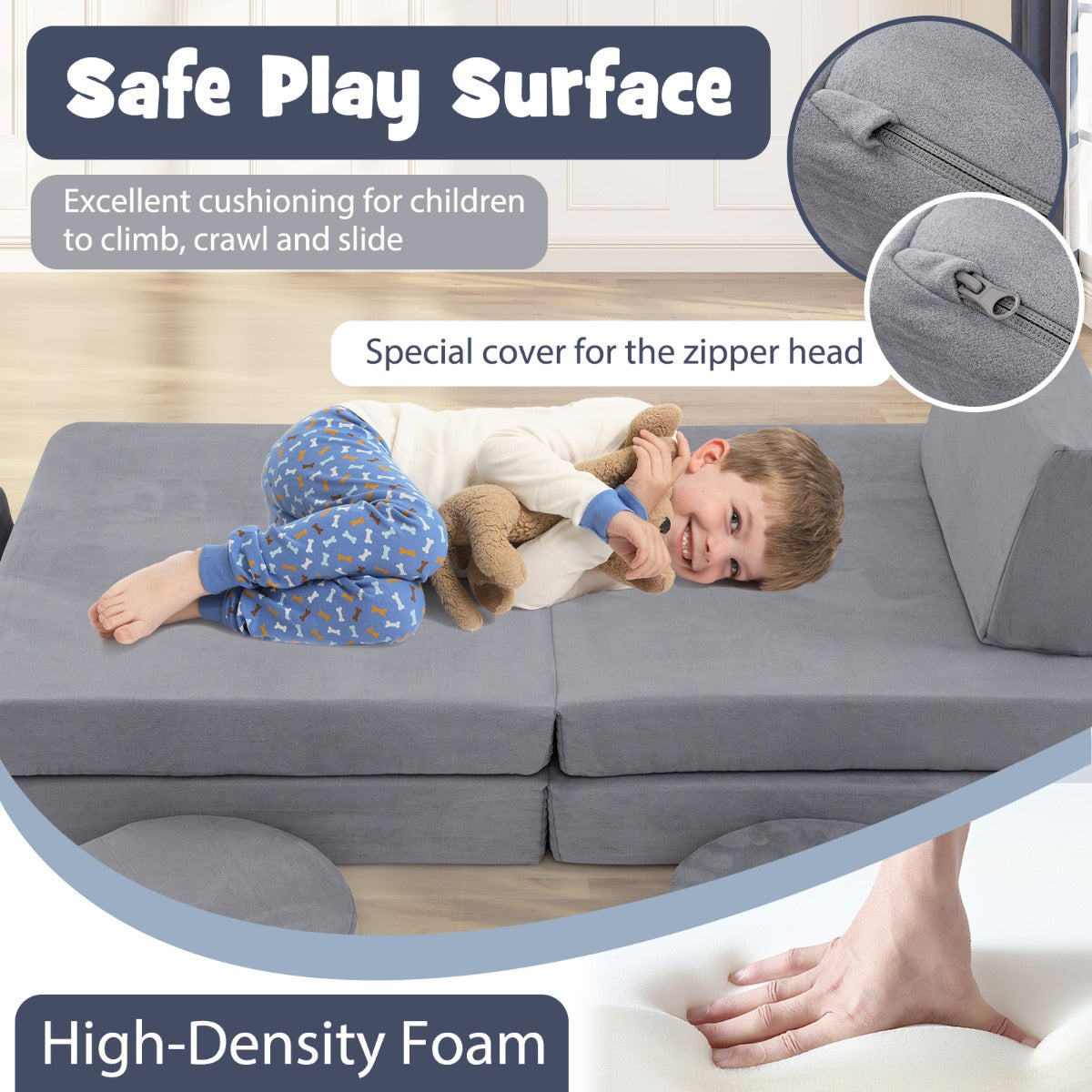 The toddler furniture set showing its foam construction and cover details