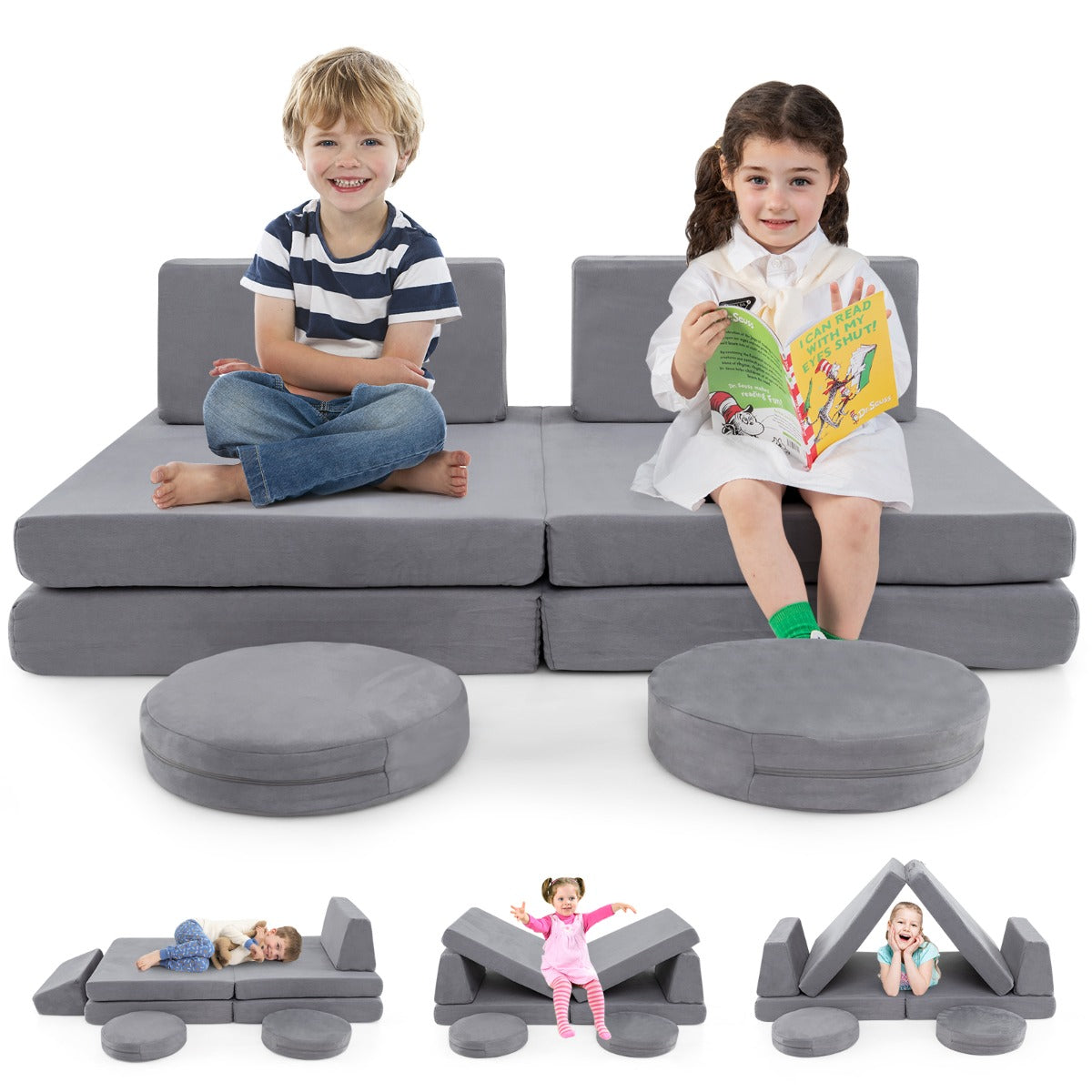 The toddler furniture set in grey, shown as two sofas with round stools