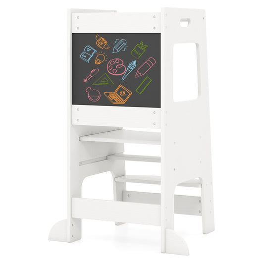Toddler Kitchen Step Stool in white with a chalkboard panel featuring colourful drawings