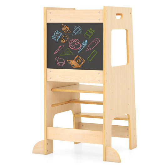 Toddler Kitchen Step Stool with chalkboard and two steps in natural wood finish