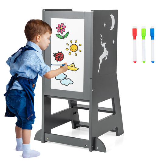 Toddler Kitchen Stool Helper with Chalkboard and Whiteboard in grey, with a child drawing on the whiteboard