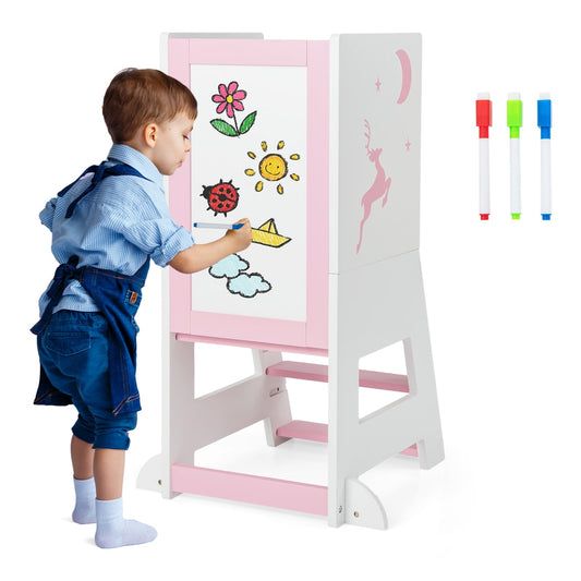 Toddler Kitchen Stool Helper with Chalkboard and Whiteboard in pink, with a child drawing on the whiteboard side