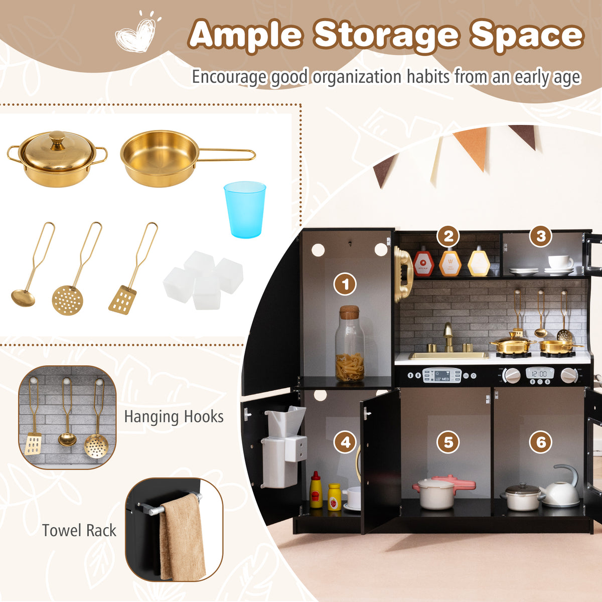 Accessories and storage space of the play kitchen