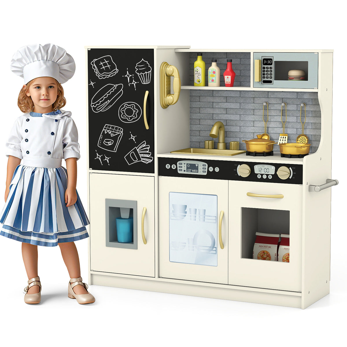 A girl dressed as a chef stands next to the beige toy kitchen