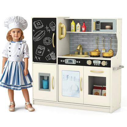 A girl dressed as a chef stands next to the beige toy kitchen