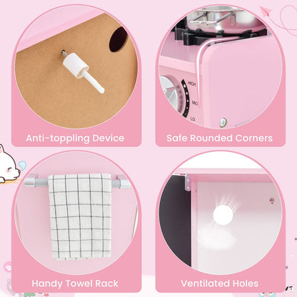 Close up of the cream pink play kitchen set showing rounded corners and a towel rack