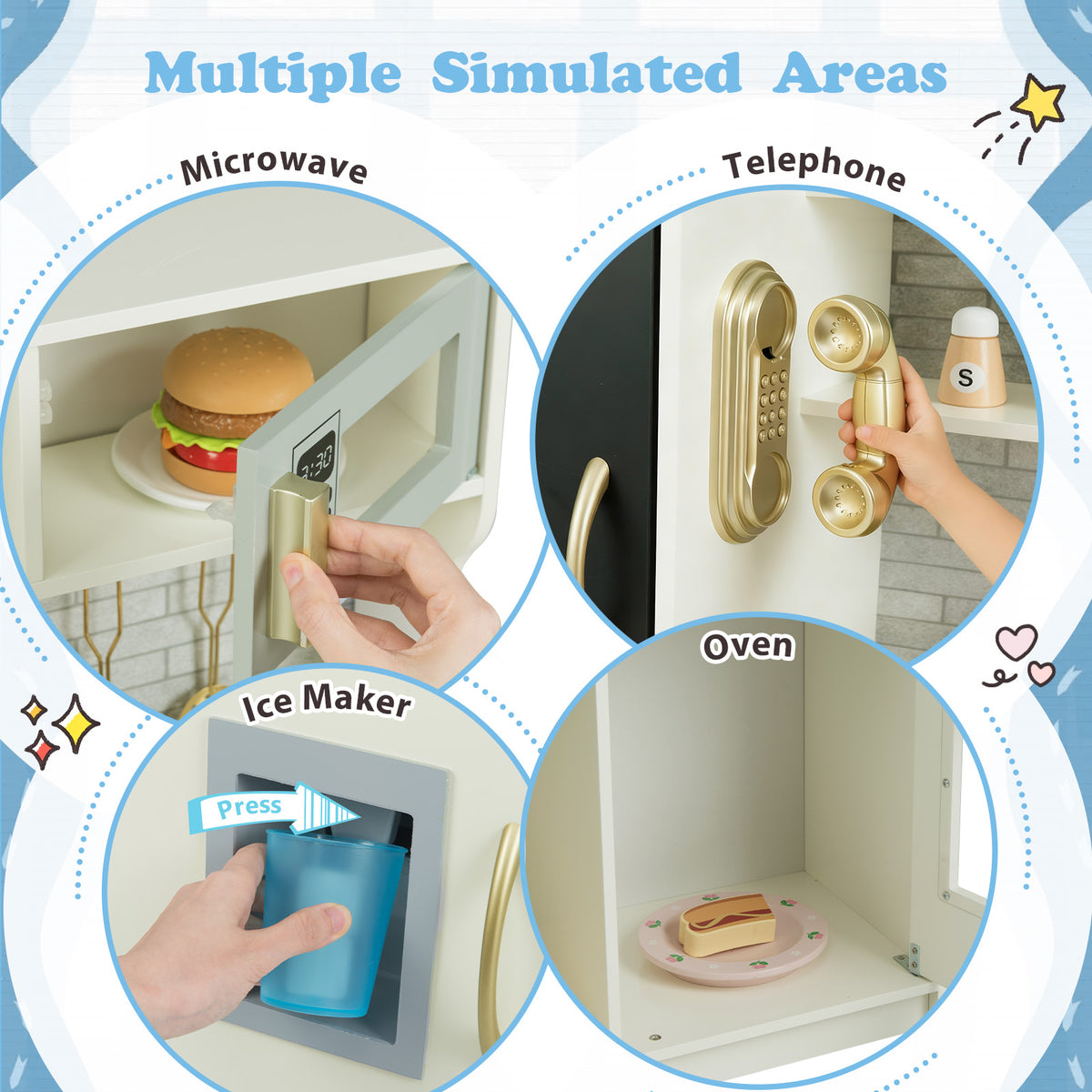 Four close-up views of the beige play kitchen: microwave, telephone, ice maker and oven