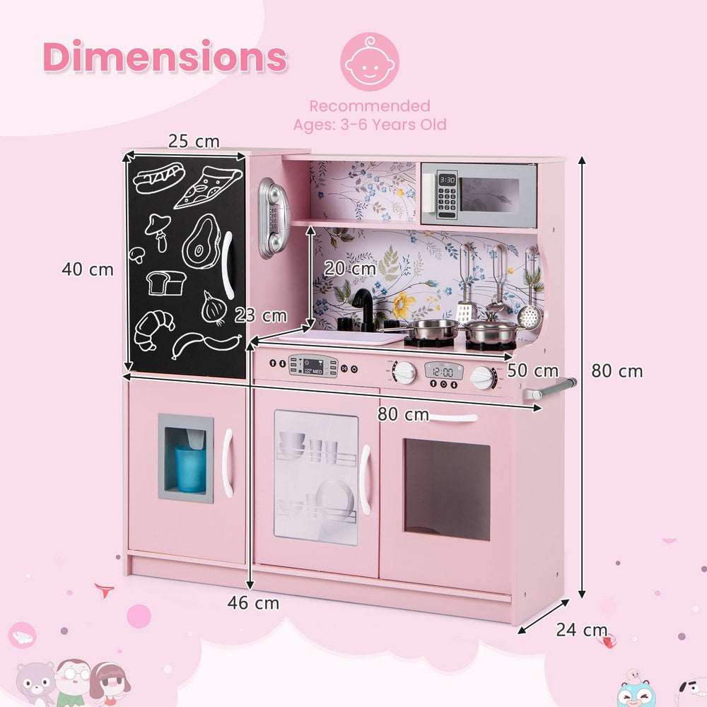 Dimensions of the cream pink play kitchen set with measurements shown