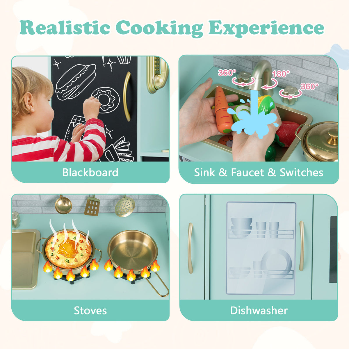 Close up views of the play kitchen set's features including stovetop and sink