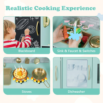Close up views of the play kitchen set's features including stovetop and sink