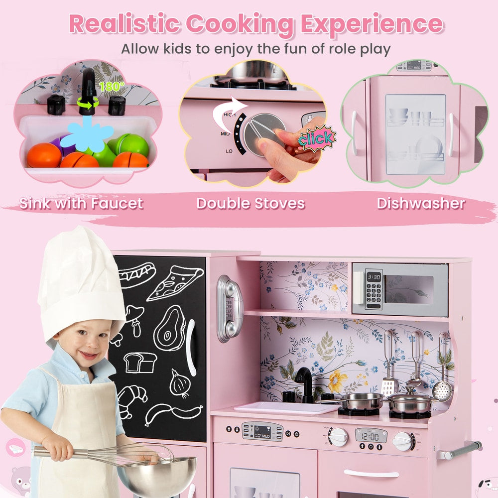 Close up of the cream pink play kitchen set showing sink, hob and dishwasher