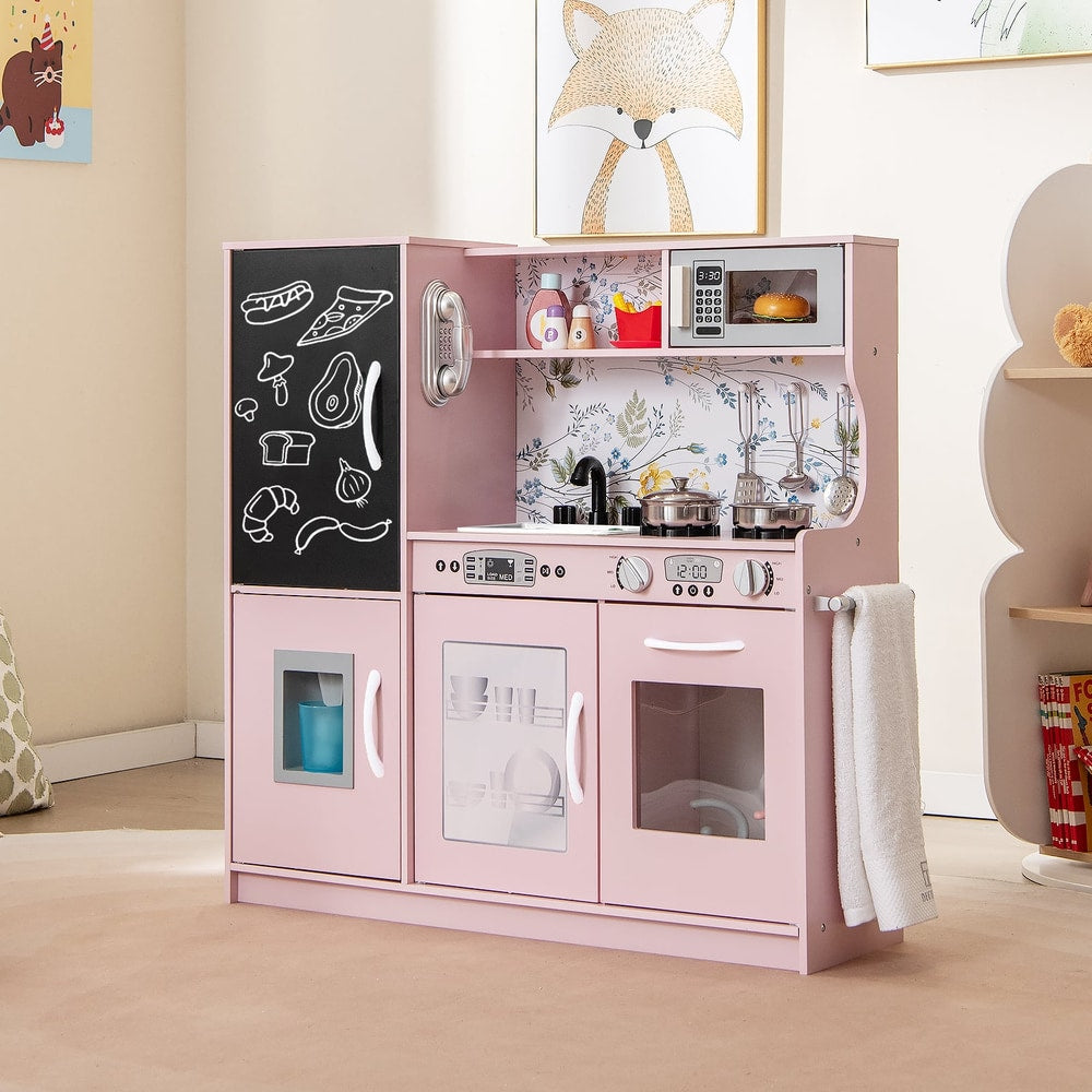Cream pink play kitchen set with accessories and simulated sounds, featuring a microwave and hob