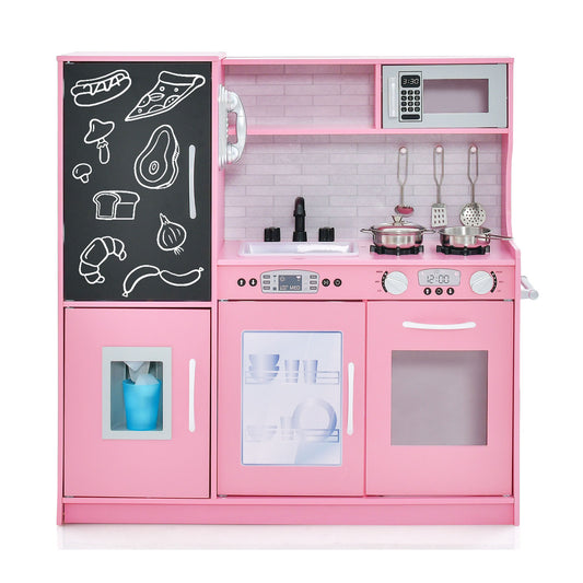 Toddler Pretend Kitchen Playset with Accessories and Simulated Sounds in pink, showing the oven, hob, sink and microwave