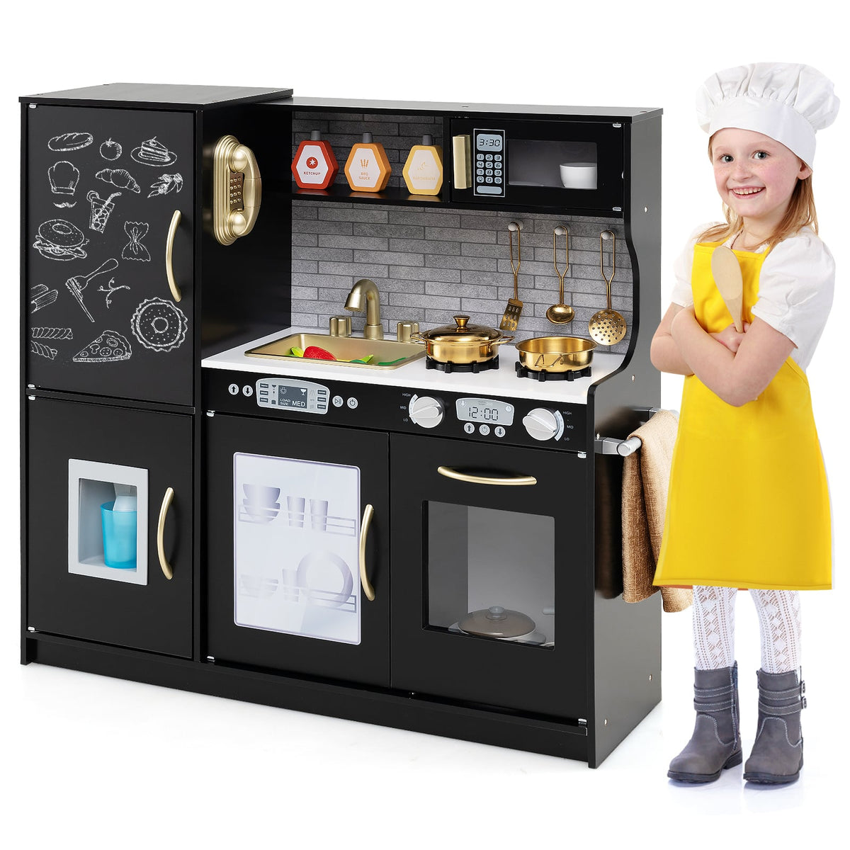 Toddler Pretend Kitchen Playset with Accessories and Simulated Sounds in black with a child standing next to it