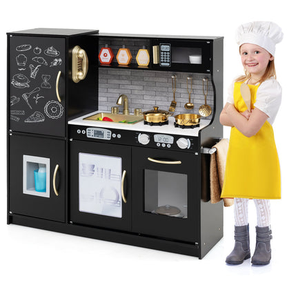 Toddler Pretend Kitchen Playset with Accessories and Simulated Sounds in black with a child standing next to it