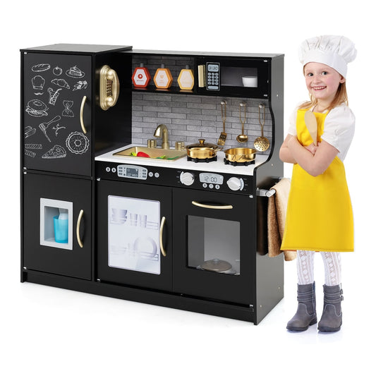 Toddler Pretend Kitchen Playset with Accessories and Simulated Sounds in black with a child standing next to it
