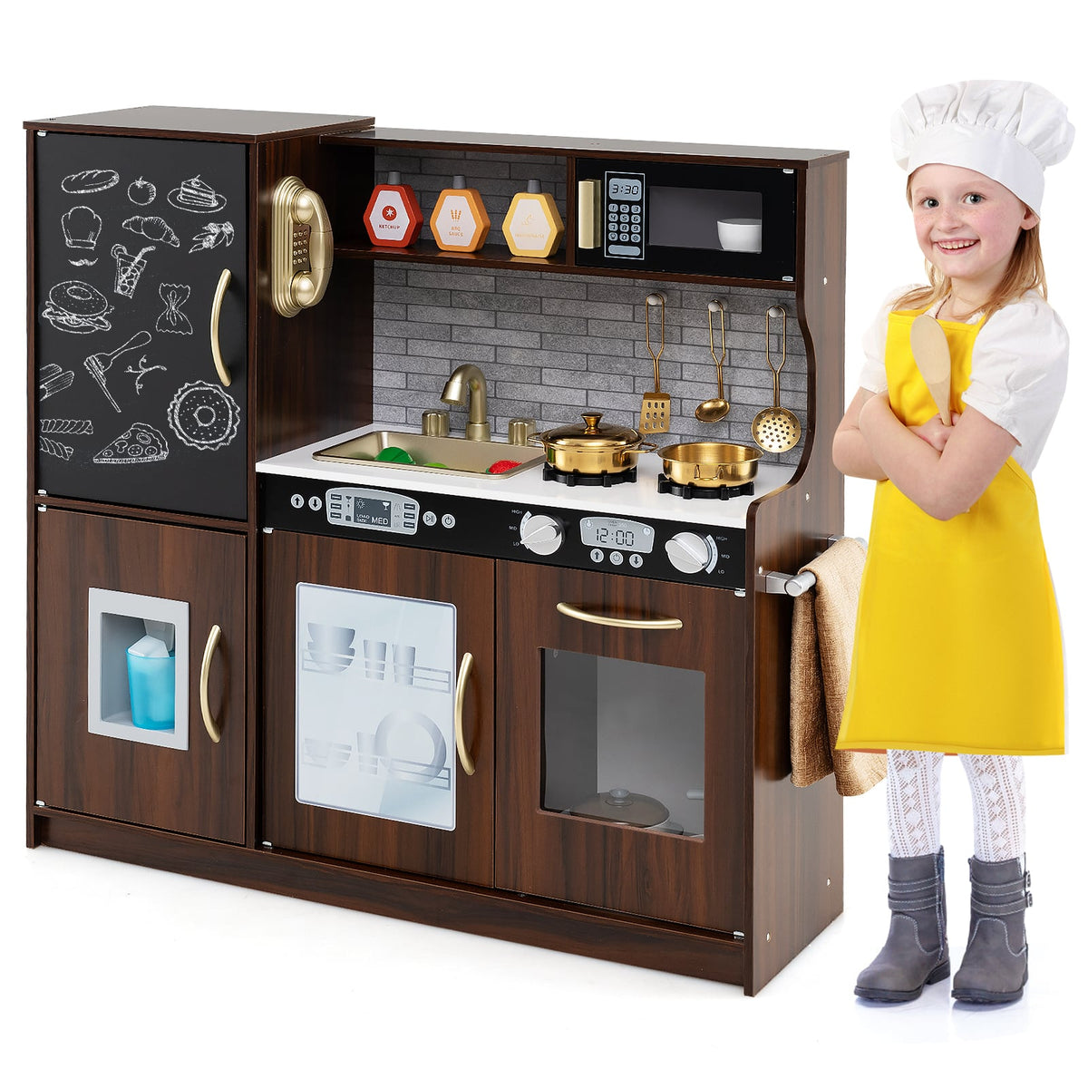 Toddler Pretend Kitchen Playset with Accessories and Simulated Sounds shown with a young chef