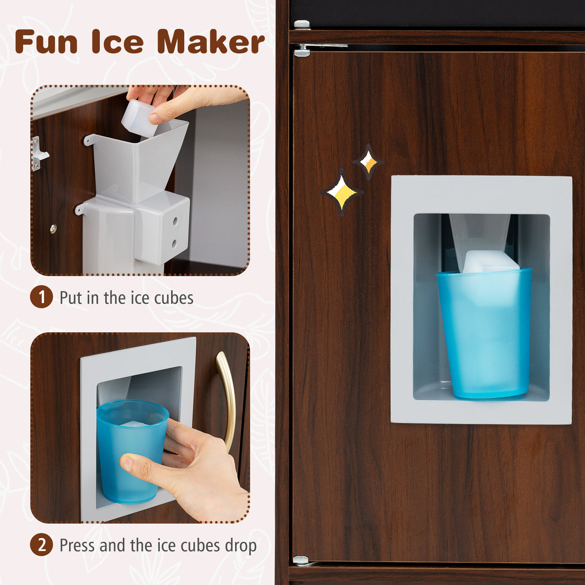 The play kitchen set showing the ice maker mechanism with cubes being inserted and dispensed