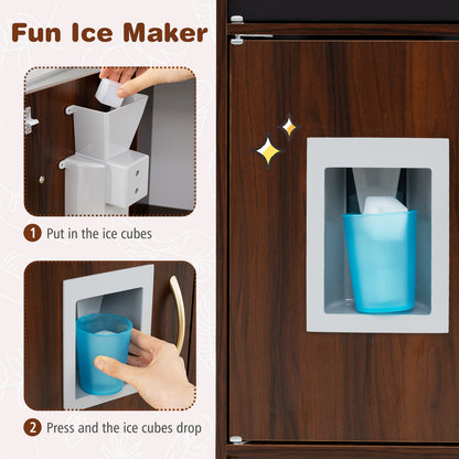 The play kitchen set showing the ice maker mechanism with cubes being inserted and dispensed