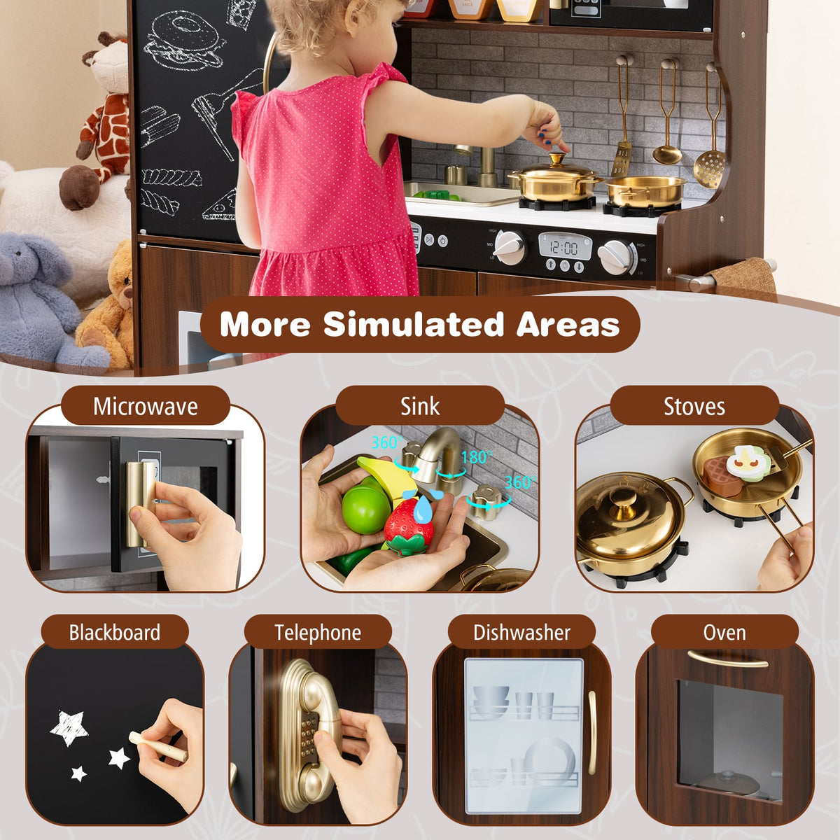 The play kitchen set highlighting interactive features like the microwave, sink and telephone
