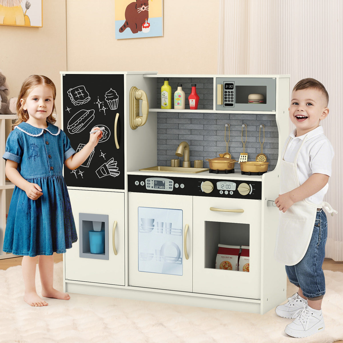 A beige toy kitchen with a boy and girl playing with it