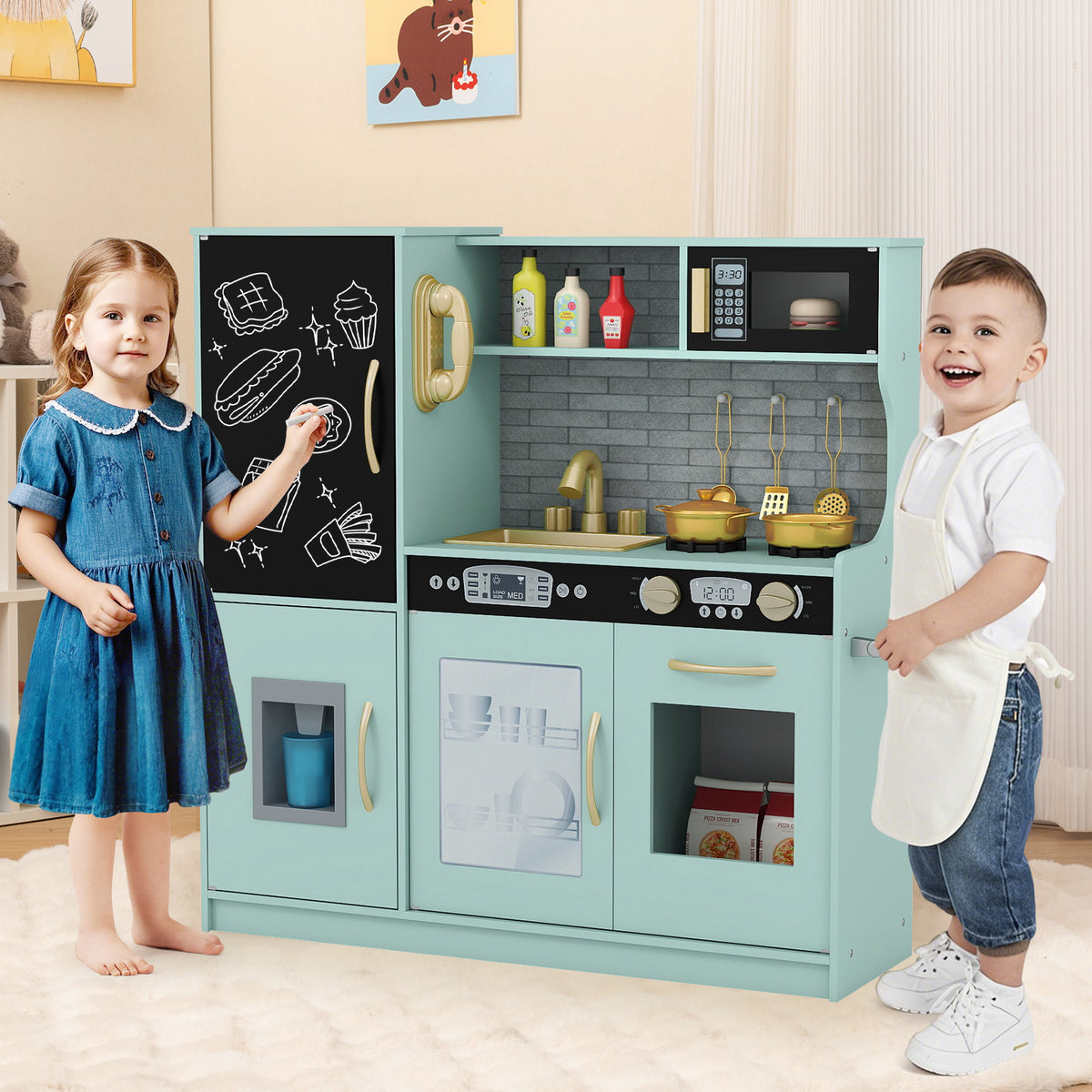 Children playing with the green play kitchen set with accessories and simulated sounds