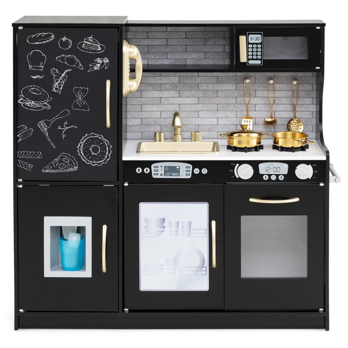 Close up of the black play kitchen with sink, microwave and oven