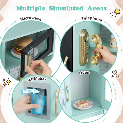 Multiple simulated areas of the green play kitchen set including microwave and ice maker