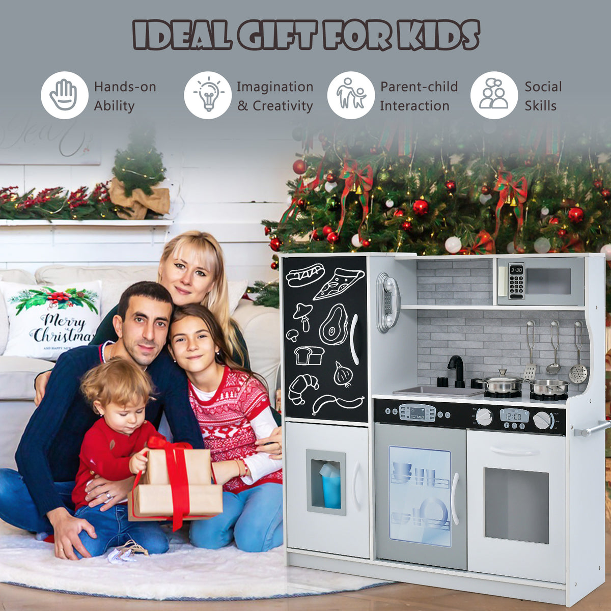 A family sitting by a Christmas tree next to the play kitchen set as a gift for children