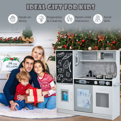 A family sitting by a Christmas tree next to the play kitchen set as a gift for children