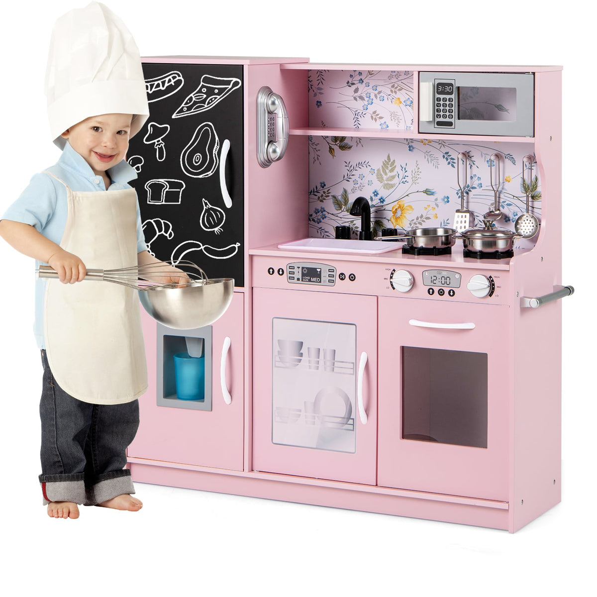 Toddler Pretend Kitchen Playset with Accessories and Simulated Sounds cream pink with a child wearing a chef's hat and apron