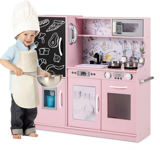Toddler Pretend Kitchen Playset with Accessories and Simulated Sounds cream pink with a child wearing a chef's hat and apron