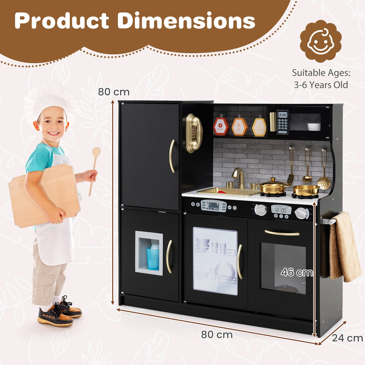 Black play kitchen with dimensions and suitable ages shown