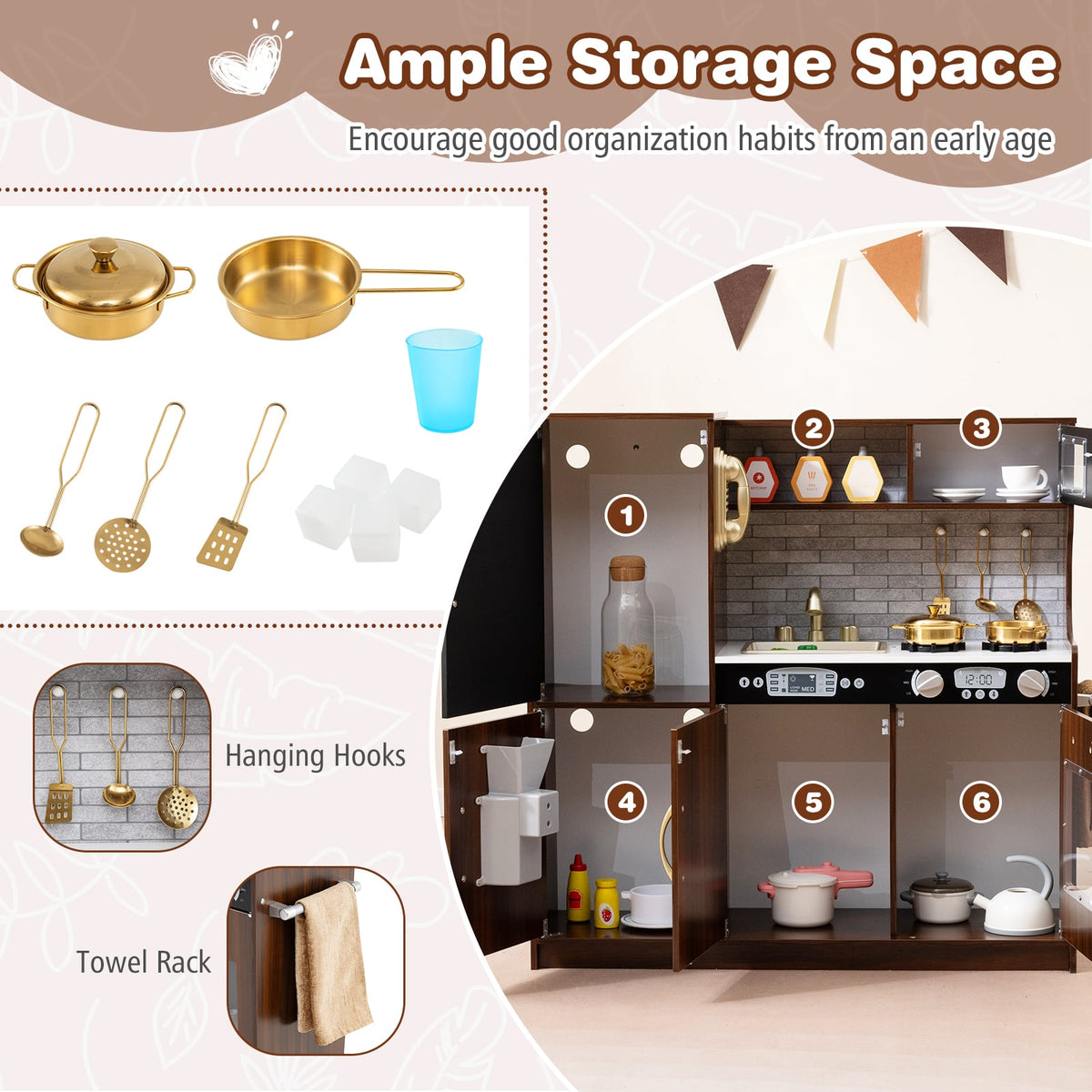 The play kitchen set displaying internal storage cupboards and the included metal utensils