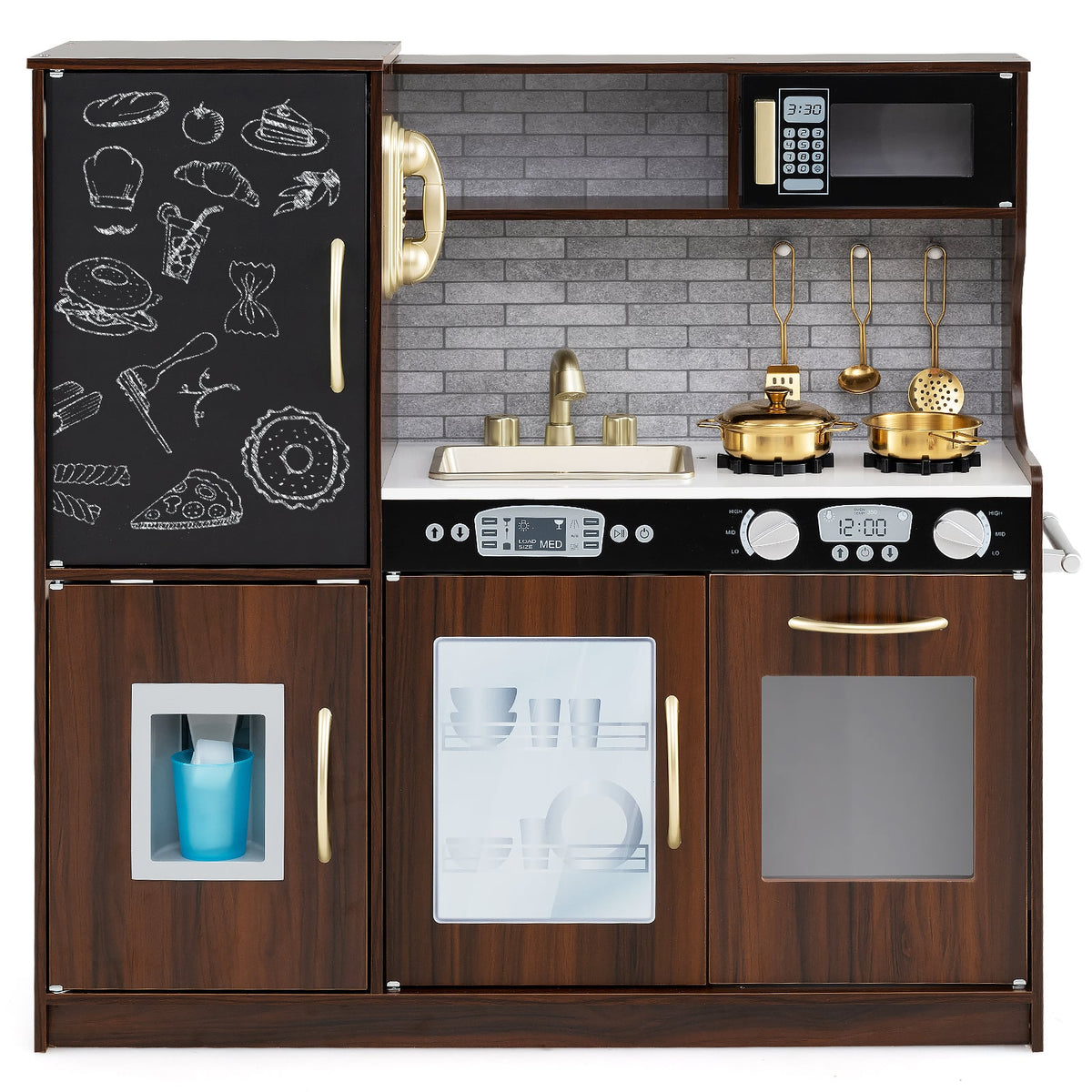 The play kitchen set featuring a chalkboard door, gold accessories and simulated appliances
