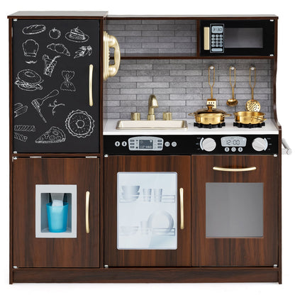 The play kitchen set featuring a chalkboard door, gold accessories and simulated appliances