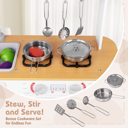 Close-up of the play kitchen accessories, including pots, pans, and cooking utensils