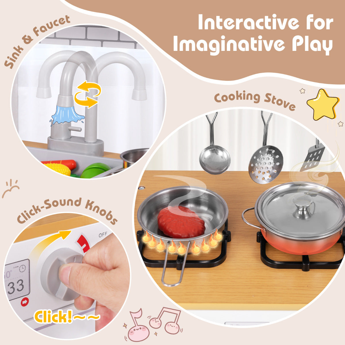 Interactive features of the play kitchen, including a sink with running water effect and click-sound knobs